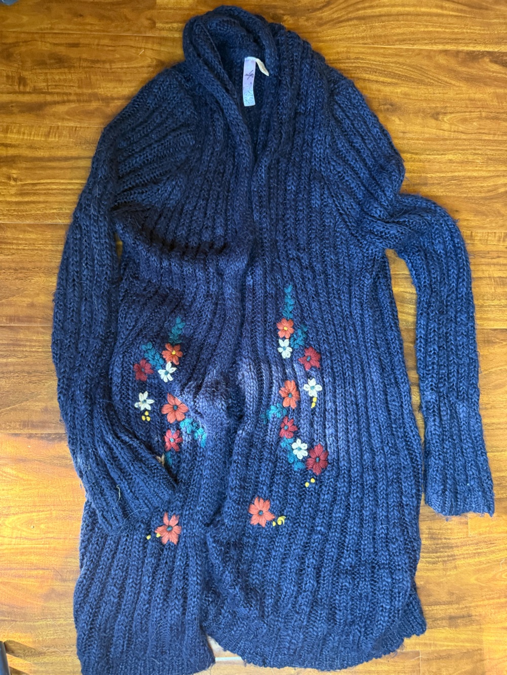 Alya Navy Blue Cable Knit Sweater Cardigan with Floral Embroidery